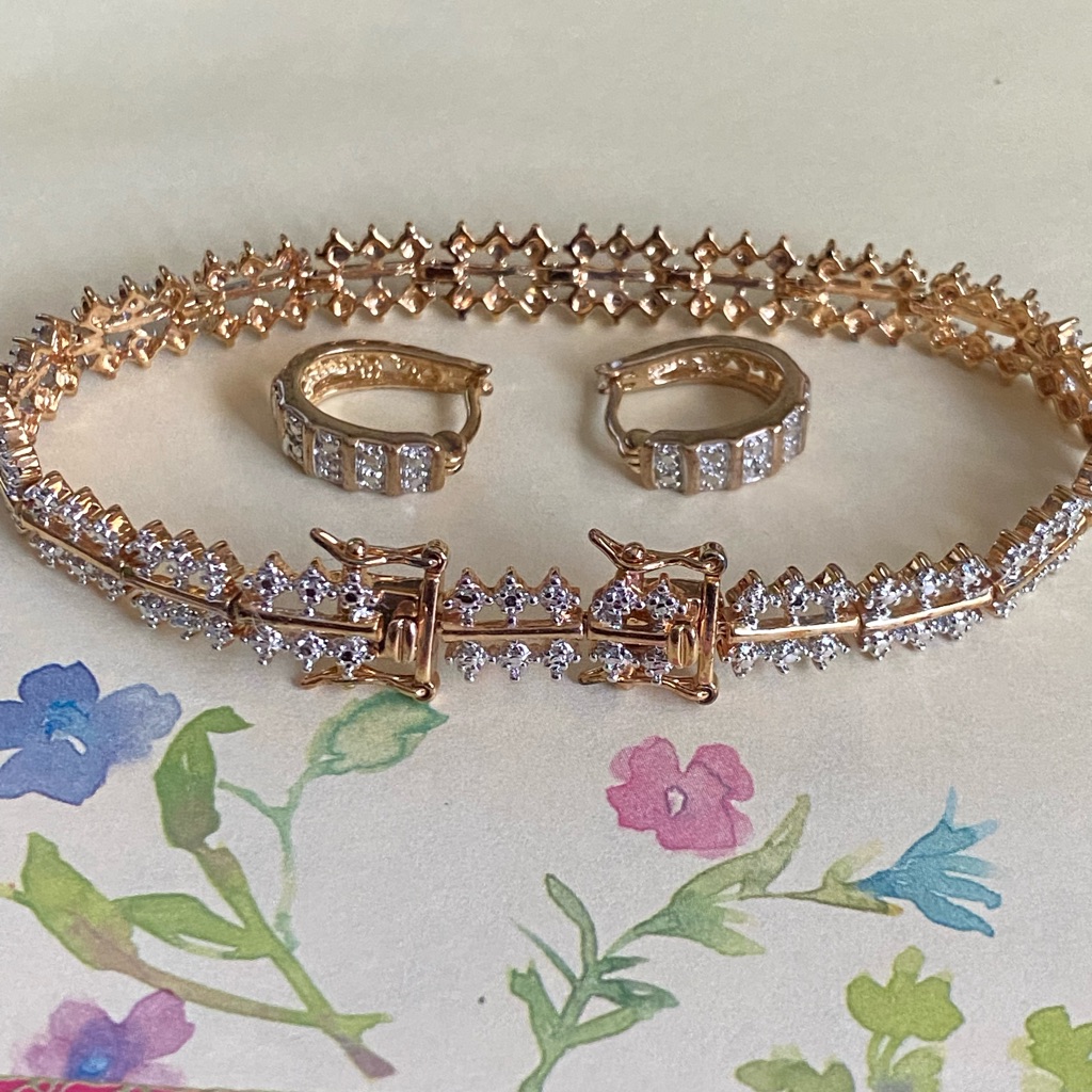 14k Gf Sterling Ross Simons Diamond Accent 7.1/2”Tennis Bracelet+ Earrings.